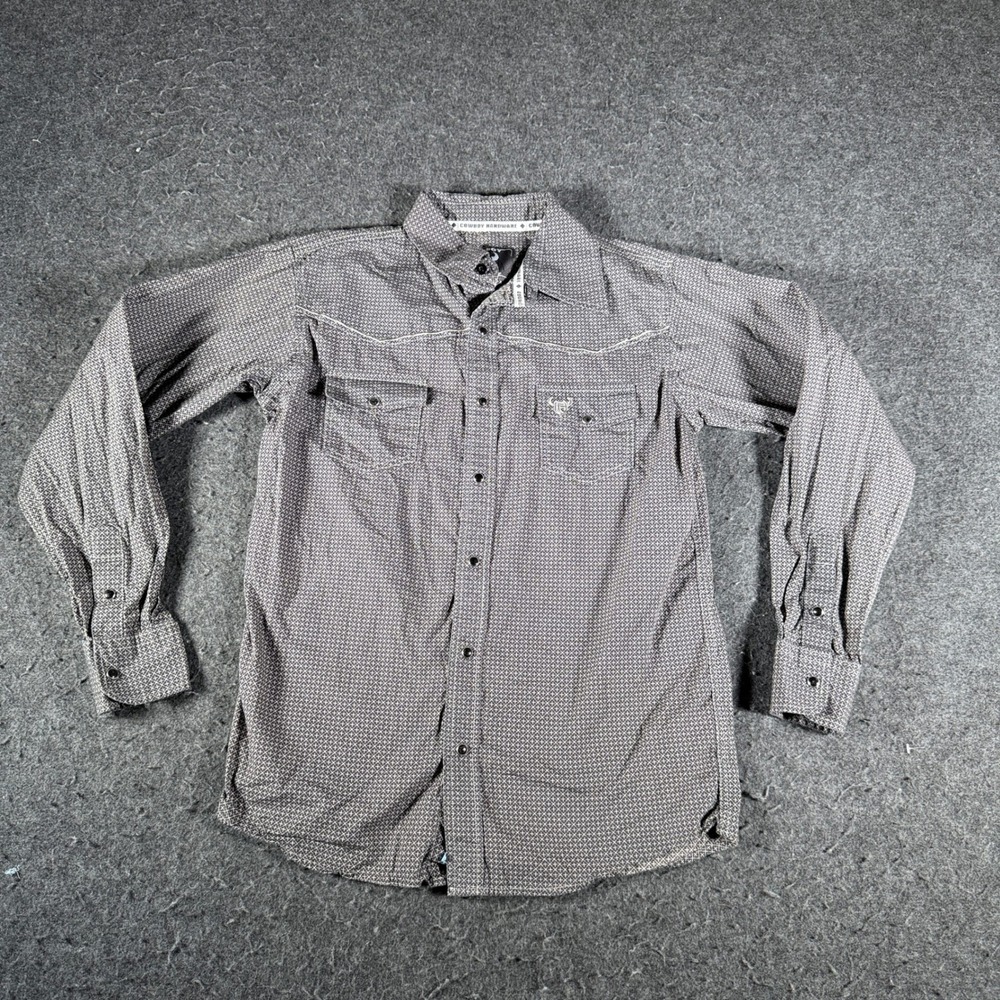 Cowboy Hardware Mens Grey Geometric Cross Print Pearl Snap Western Shirt Large
